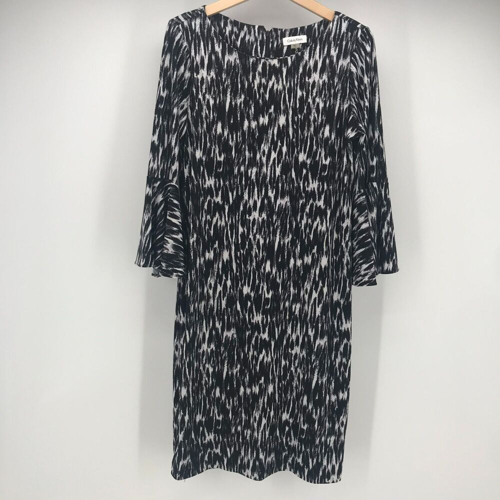 Calvin Klein Dress Womens 8 Black White Animal Print Jersey Knit Shift Bell Slv